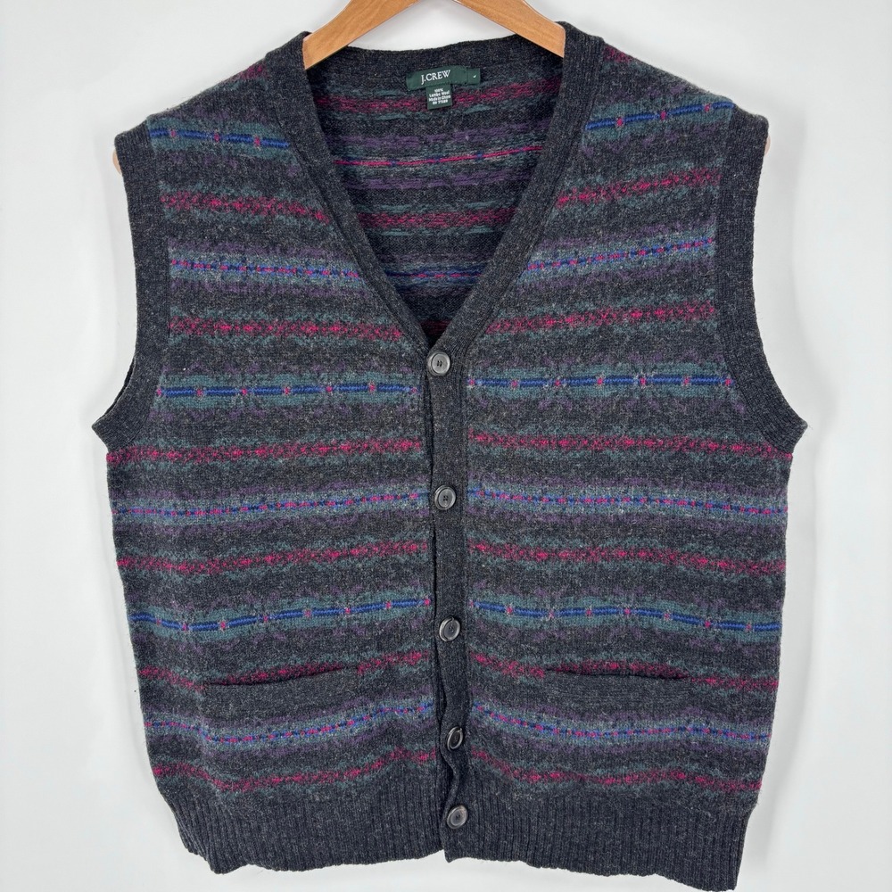 VTG J Crew Lambswool Fair Isle Button Front Vest Mens L Grey Preppy Grandpa